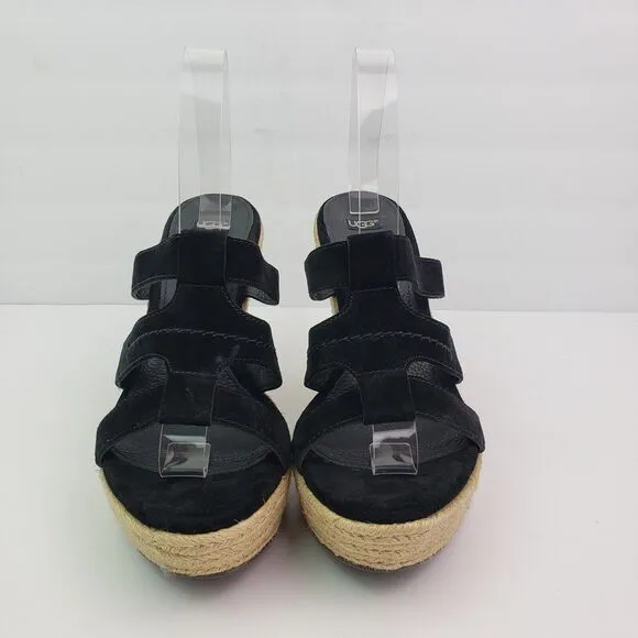 UGG Tawnie Womens Size 10 Black Leather Slip On 4.5&quot; Wedge Platform Sandals