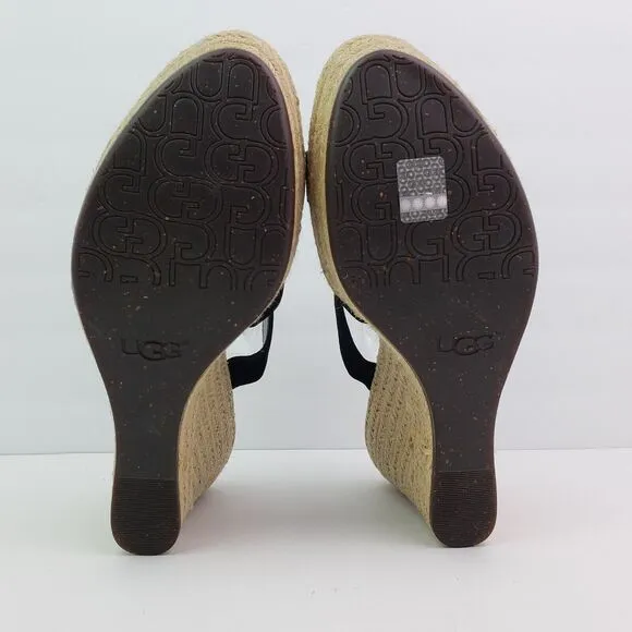 UGG Tawnie Womens Size 10 Black Leather Slip On 4.5&quot; Wedge Platform Sandals