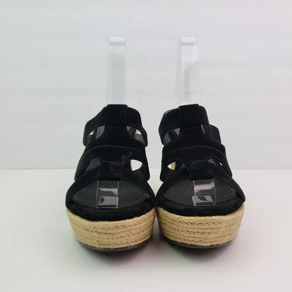 UGG Tawnie Womens Size 10 Black Leather Slip On 4.5&quot; Wedge Platform Sandals
