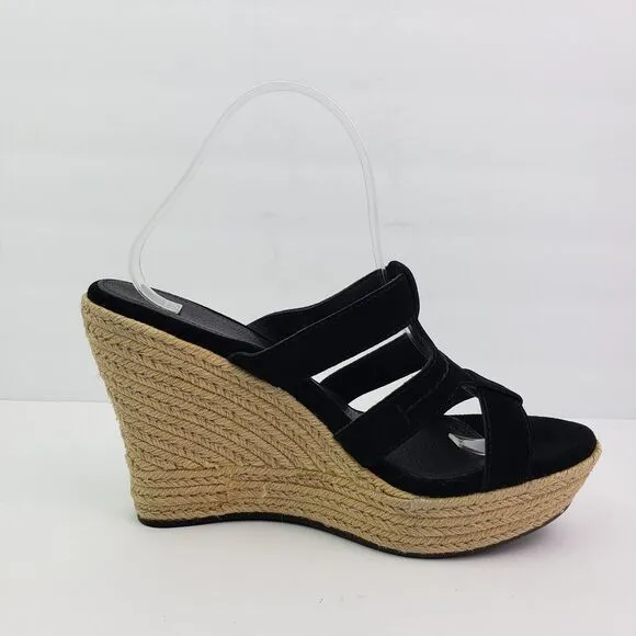 UGG Tawnie Womens Size 10 Black Leather Slip On 4.5&quot; Wedge Platform Sandals
