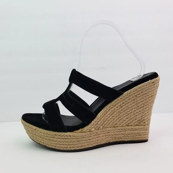 UGG Tawnie Womens Size 10 Black Leather Slip On 4.5&quot; Wedge Platform Sandals