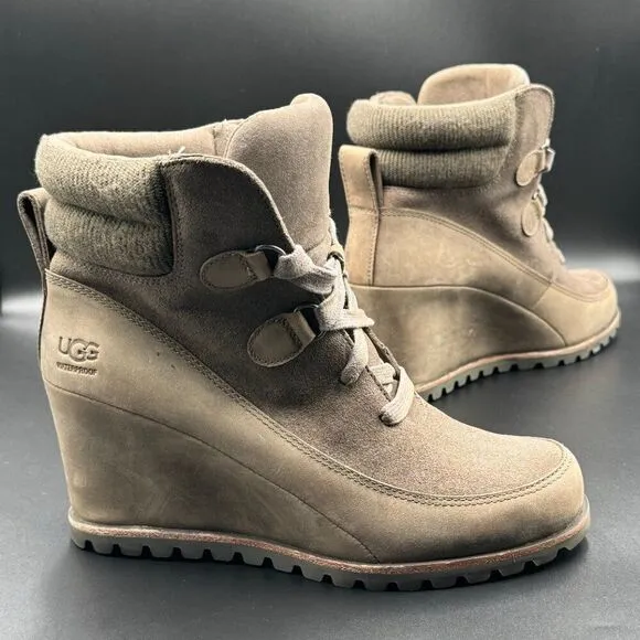 UGG Women's Kriston Mole Brown Waterproof Leather Wedge Boots