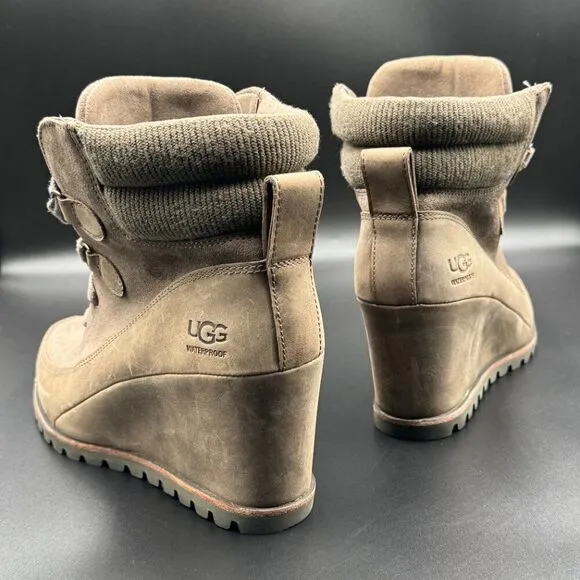 UGG Women's Kriston Mole Brown Waterproof Leather Wedge Boots