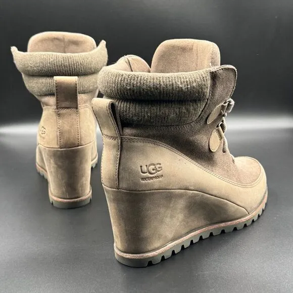 UGG Women's Kriston Mole Brown Waterproof Leather Wedge Boots