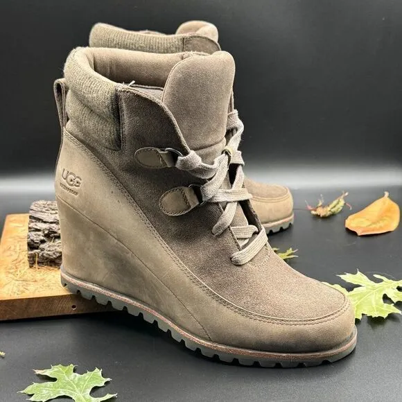 UGG Women's Kriston Mole Brown Waterproof Leather Wedge Boots