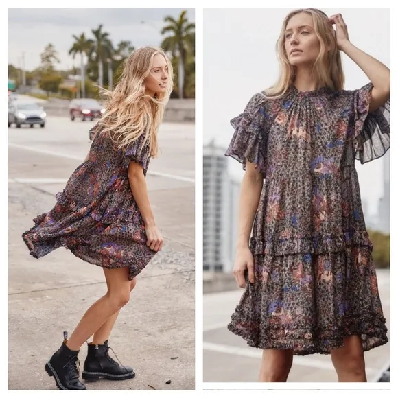 Ulla Johnson 8 Delia floral tiered mini dress ruffle
