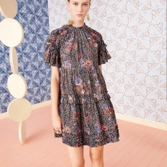 Ulla Johnson 8 Delia floral tiered mini dress ruffle