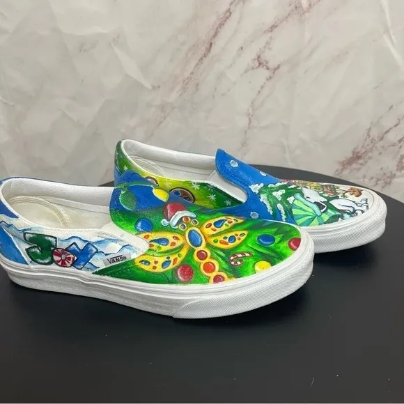 Vans Hand Painted Snoopy Christmas Tree Slip On Shoes