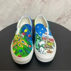 Vans Hand Painted Snoopy Christmas Tree Slip On Shoes