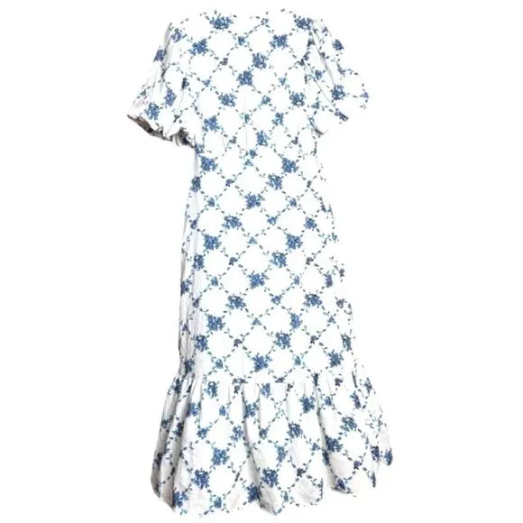 VERO MODA Puff Sleeve Midi Ruffle High Neck Tea Dress Floral in White Small NWT