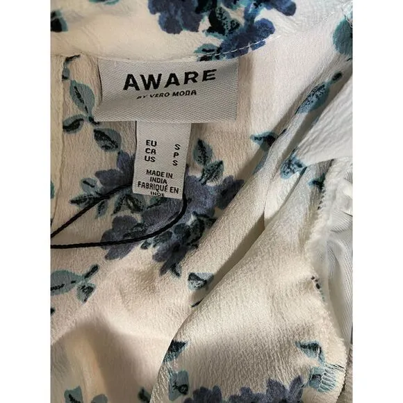 VERO MODA Puff Sleeve Midi Ruffle High Neck Tea Dress Floral in White Small NWT