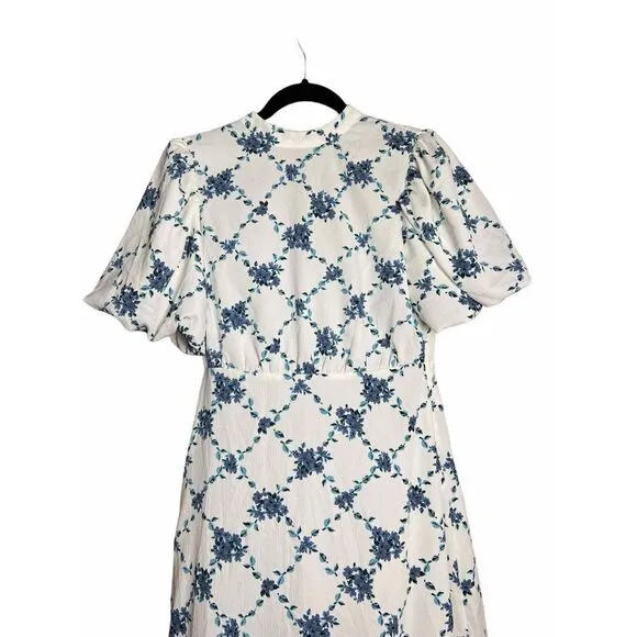 VERO MODA Puff Sleeve Midi Ruffle High Neck Tea Dress Floral in White Small NWT