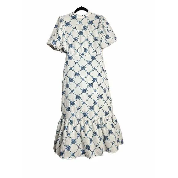 VERO MODA Puff Sleeve Midi Ruffle High Neck Tea Dress Floral in White Small NWT