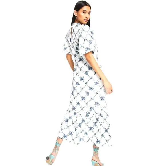 VERO MODA Puff Sleeve Midi Ruffle High Neck Tea Dress Floral in White Small NWT