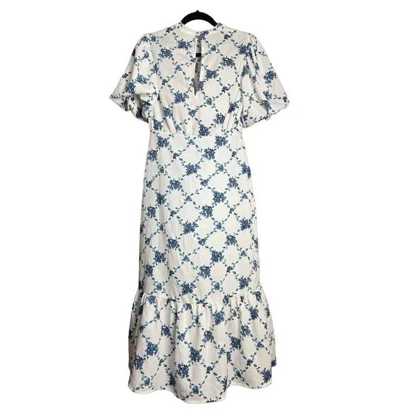VERO MODA Puff Sleeve Midi Ruffle High Neck Tea Dress Floral in White Small NWT