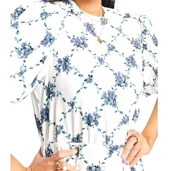 VERO MODA Puff Sleeve Midi Ruffle High Neck Tea Dress Floral in White Small NWT