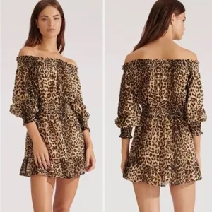 Veronica Beard Arcos Animal Print Off Shoulder Silk Cotton Mini Dress XL NEW