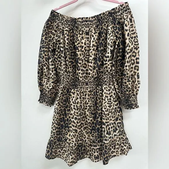 Veronica Beard Arcos Animal Print Off Shoulder Silk Cotton Mini Dress XL NEW