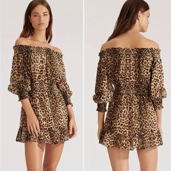Veronica Beard Arcos Animal Print Off Shoulder Silk Cotton Mini Dress XL NEW