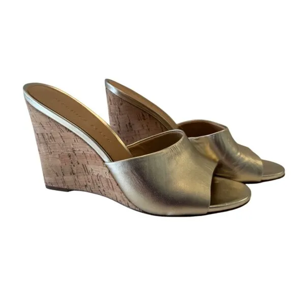 Veronica Beard Dali Slip On Size 9 High Heel Cork Sandals EUC Gold Shimmer