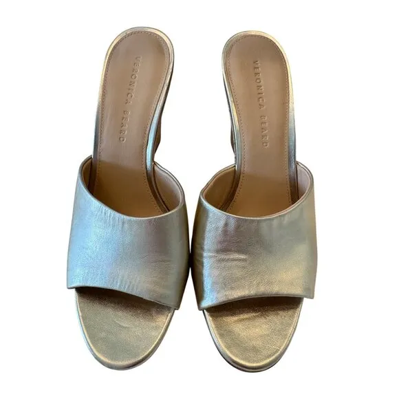 Veronica Beard Dali Slip On Size 9 High Heel Cork Sandals EUC Gold Shimmer
