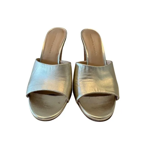 Veronica Beard Dali Slip On Size 9 High Heel Cork Sandals EUC Gold Shimmer