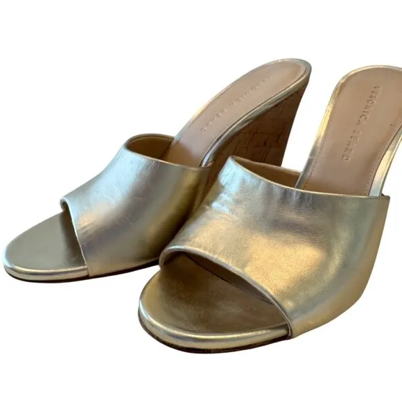 Veronica Beard Dali Slip On Size 9 High Heel Cork Sandals EUC Gold Shimmer