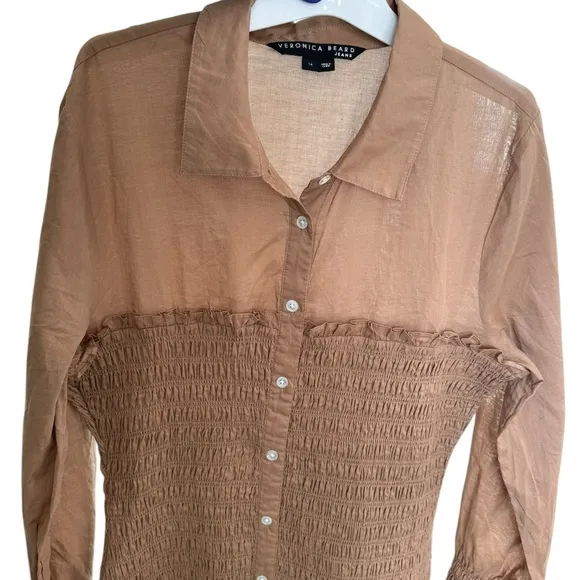 Veronica Beard Kelsey button down smocked dress Size 14, camel brown