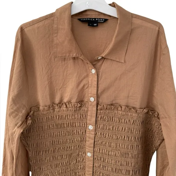 Veronica Beard Kelsey button down smocked dress Size 14, camel brown