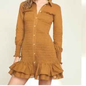 Veronica Beard Kelsey button down smocked dress Size 14, camel brown