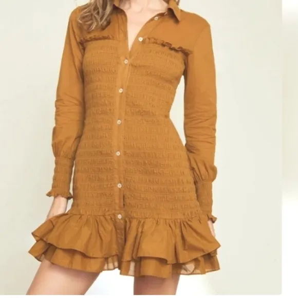 Veronica Beard Kelsey button down smocked dress Size 14, camel brown