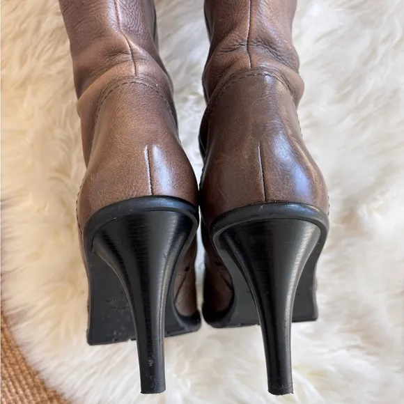 VIA SPIGA Leather Knee High Stiletto Brown  Hardware Buckle Boots Faux Laces