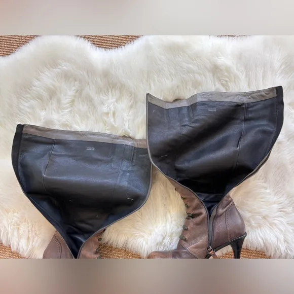 VIA SPIGA Leather Knee High Stiletto Brown  Hardware Buckle Boots Faux Laces