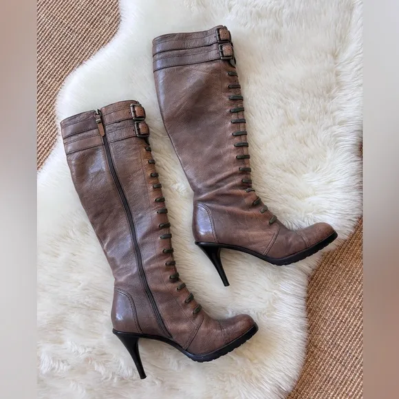 VIA SPIGA Leather Knee High Stiletto Brown  Hardware Buckle Boots Faux Laces