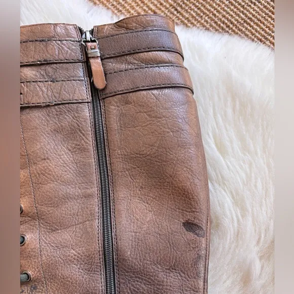 VIA SPIGA Leather Knee High Stiletto Brown  Hardware Buckle Boots Faux Laces