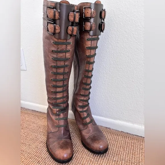 VIA SPIGA Leather Knee High Stiletto Brown  Hardware Buckle Boots Faux Laces