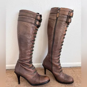 VIA SPIGA Leather Knee High Stiletto Brown  Hardware Buckle Boots Faux Laces