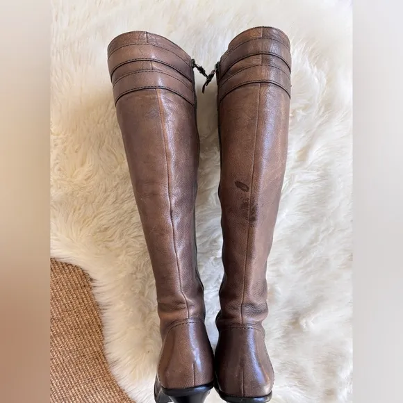 VIA SPIGA Leather Knee High Stiletto Brown  Hardware Buckle Boots Faux Laces