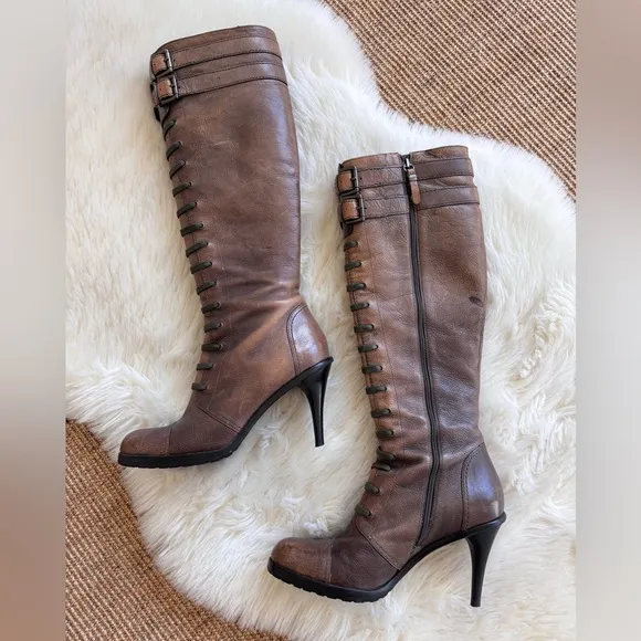 VIA SPIGA Leather Knee High Stiletto Brown  Hardware Buckle Boots Faux Laces