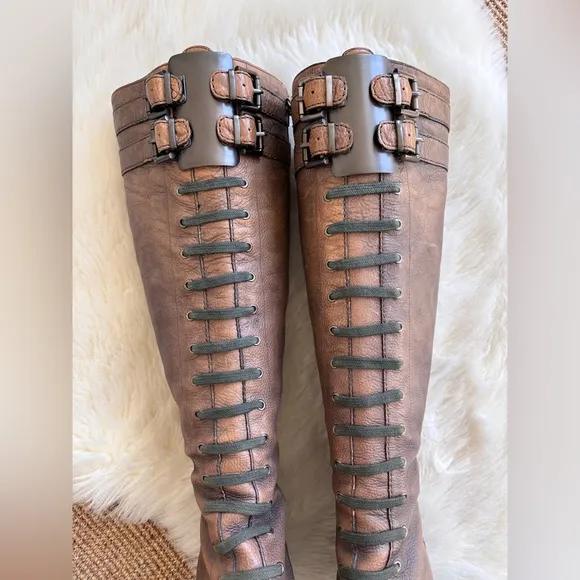 VIA SPIGA Leather Knee High Stiletto Brown  Hardware Buckle Boots Faux Laces