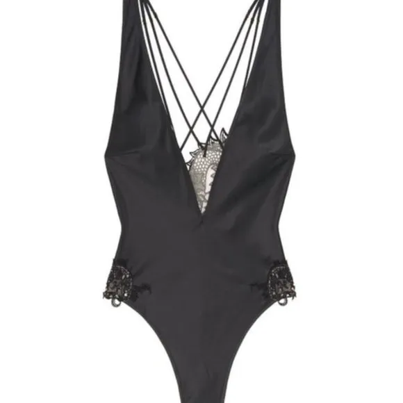 Victoria’s Secret Black Satin Lace Dragon Teddy Slip Silky Textured Medium