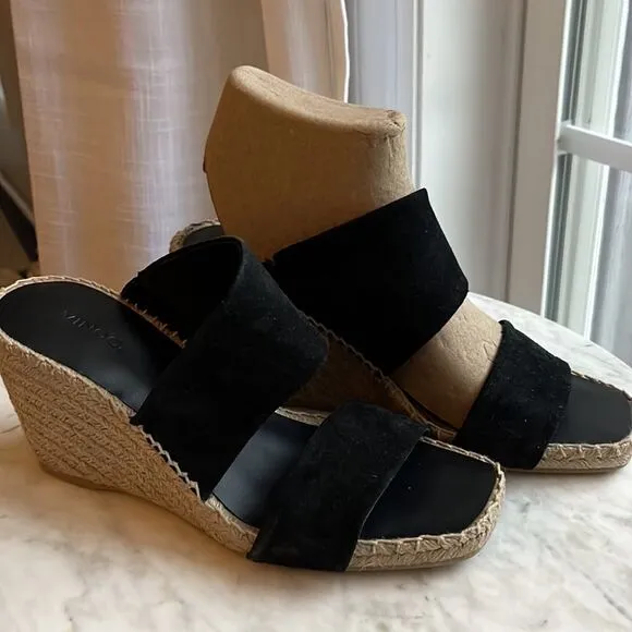VINCE Black Jute Wrapped Asymmetrical Garlin Wedge Slip On Sandals, 8.5, NWOB