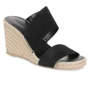 VINCE Black Jute Wrapped Asymmetrical Garlin Wedge Slip On Sandals, 8.5, NWOB