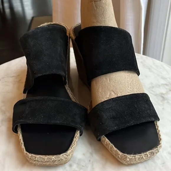 VINCE Black Jute Wrapped Asymmetrical Garlin Wedge Slip On Sandals, 8.5, NWOB