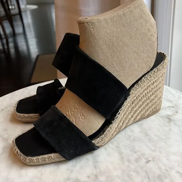 VINCE Black Jute Wrapped Asymmetrical Garlin Wedge Slip On Sandals, 8.5, NWOB