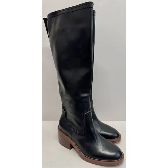 Vince Camuto Knee High Boots Size 7.5 Black Leather Block Heel Vullian Style