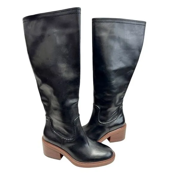 Vince Camuto Knee High Boots Size 7.5 Black Leather Block Heel Vullian Style