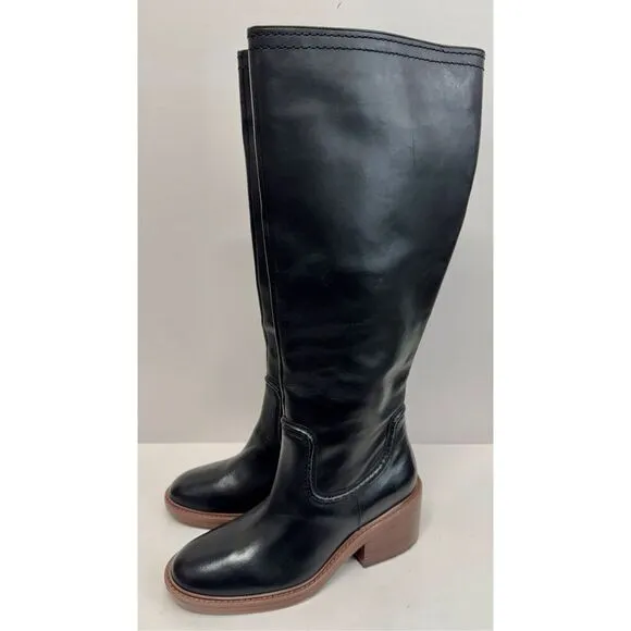 Vince Camuto Knee High Boots Size 7.5 Black Leather Block Heel Vullian Style