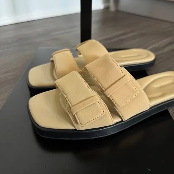 Vince Rhode Dual Strap Sandals NEW Farro Tan Slip On Flat Square Toe Size 9