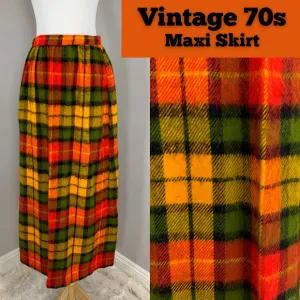 Vintage 70s Maxi Skirt Buffalo Check Plaid Tartan Fall Winter Grunge Punk Indie